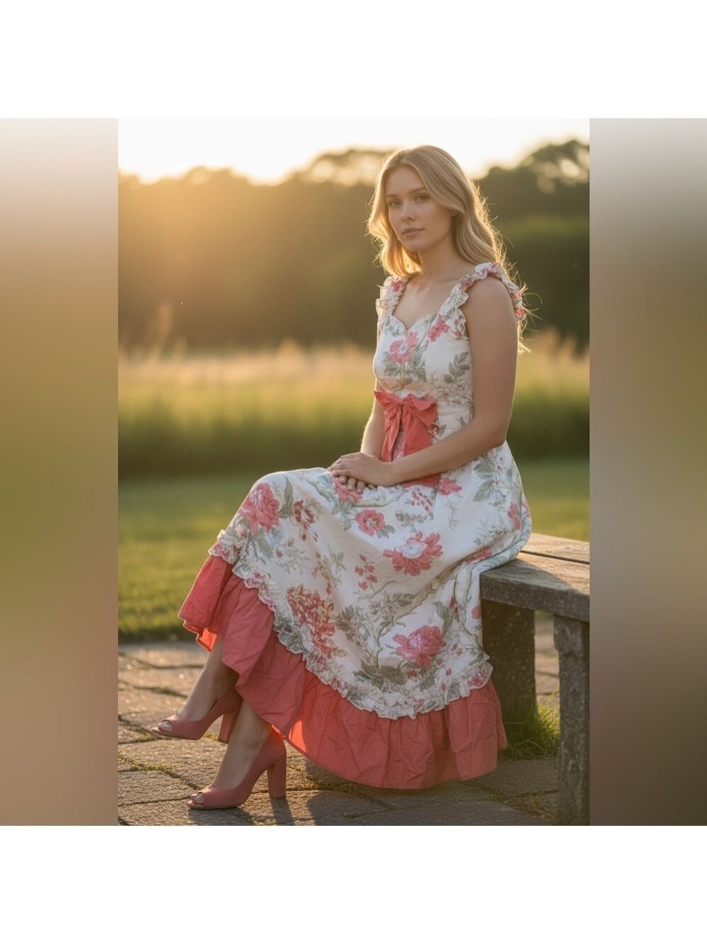 🎉HP🎉Victorian Choice Floral Cottagecore Midi Dress w/ Coral Ruffle Bow - Small - Picture 6 of 11